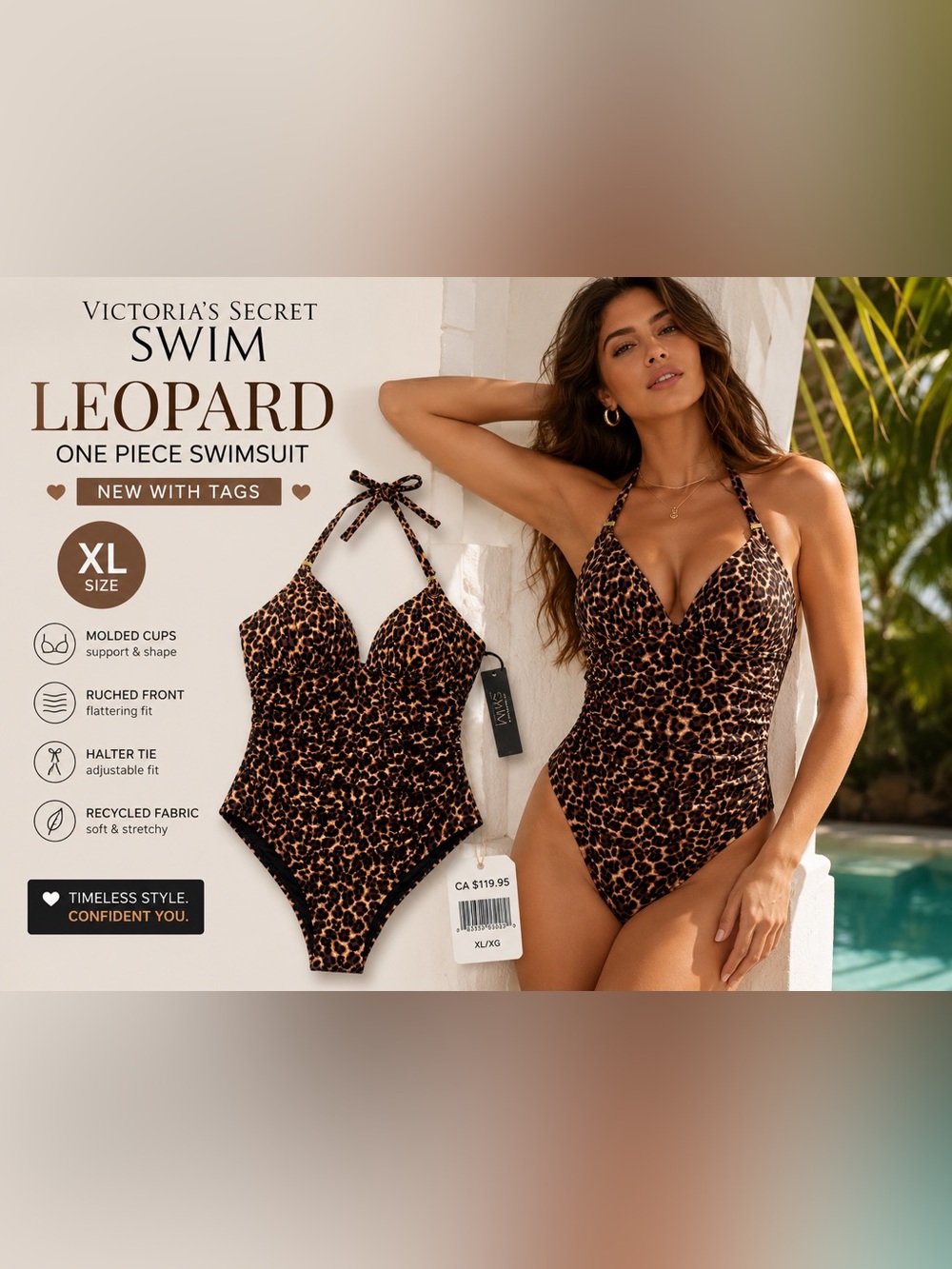 Victoria’s Secret Leopard One Piece Swimsuit Halter Tummy Control NWT XL